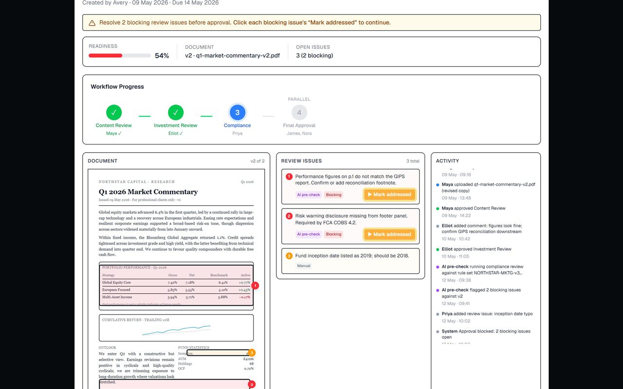 LOOM demo: document review with AI-flagged blocking issues, workflow progress, and activity trail