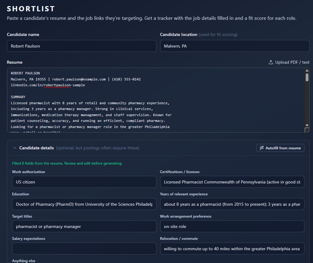 Shortlist intake: a candidate's resume with details autofilled from it, including licensure, education, and commute limits