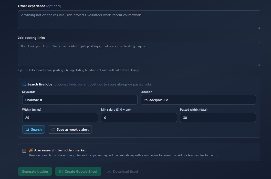 Shortlist live job search panel with keyword, location, radius, salary, and date filters